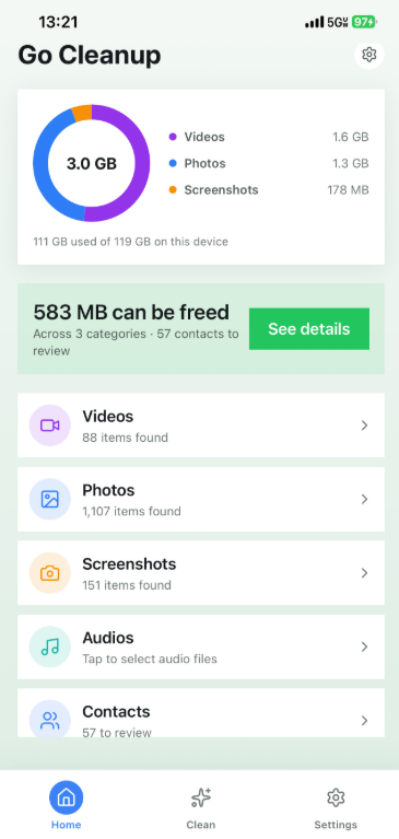 Go Cleanup's Home screen: a 3.0 GB storage ring split across videos, photos, and screenshots, with 583 MB ready to free across 3 categories and 57 contacts to review